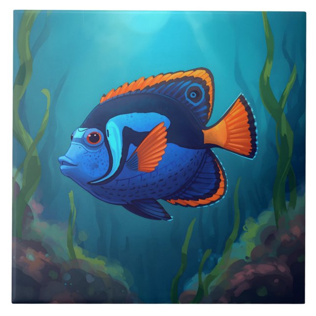 Colourful Blue Orange Tropical Fish and Coral Reef Tile (Front)