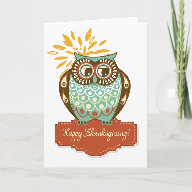 Colourful Blue Owl Floral Happy Thanksgiving Holiday Card (Front)