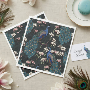 Colourful Blue Peacock and Magnolia Black Napkin