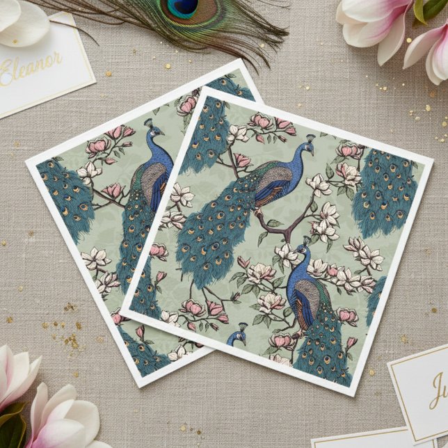 Colourful Blue Peacock and Magnolia Sage Green Napkin (Elegant Sage Green Peacock Napkins. Colorful Blue Peacocks & Teal Feather Floral Chinoiserie Pattern)