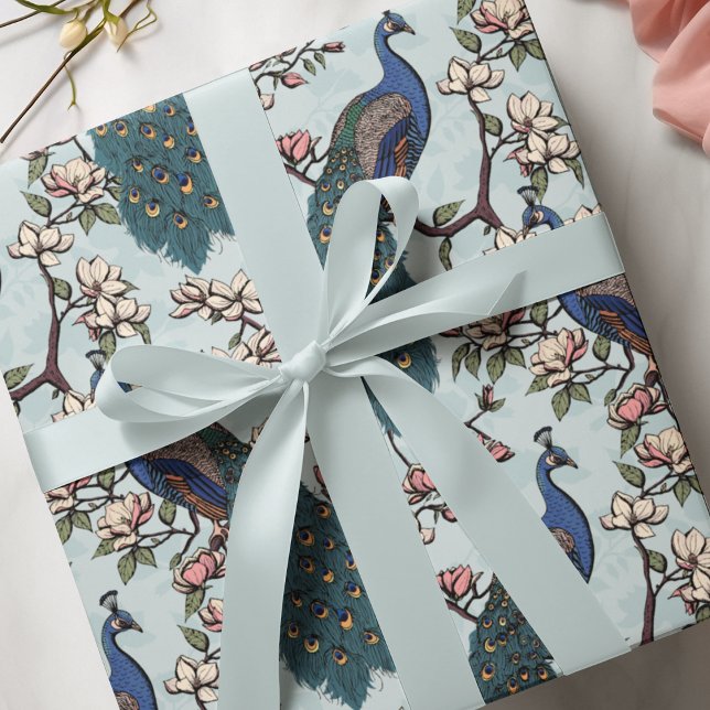 Colourful Blue Peacock & Magnolia Blue Wildlife Wrapping Paper (Elegant Blue and Teal Peacock Bird & Magnolia Flowers Hand Drawn in Black Ink. Soft Blue Background.)