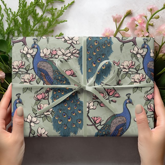 Colourful Blue Peacock & Magnolia Green Wildlife Wrapping Paper (Elegant Floral Blue Peacock Birds, Magnolia Branches in Bloom, Sage Green Background. Hand Drawn.)