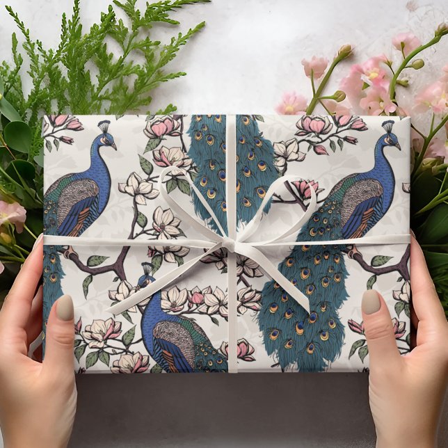 Colourful Blue Peacock & Magnolia Ivory Wildlife Wrapping Paper (Elegant Floral Blue Peacock Birds, Magnolia Branches in Bloom, Chic Ivory Background. Hand Drawn.)