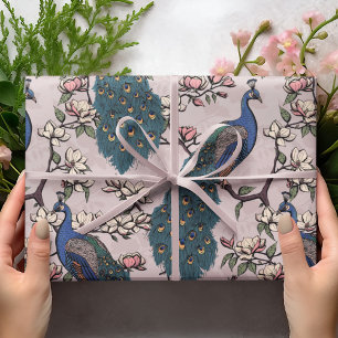 Colourful Blue Peacock & Magnolia Pink Wildlife Wrapping Paper