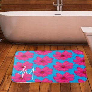 Colourful Blue Pink Floral Modern Monogram Bath Mat