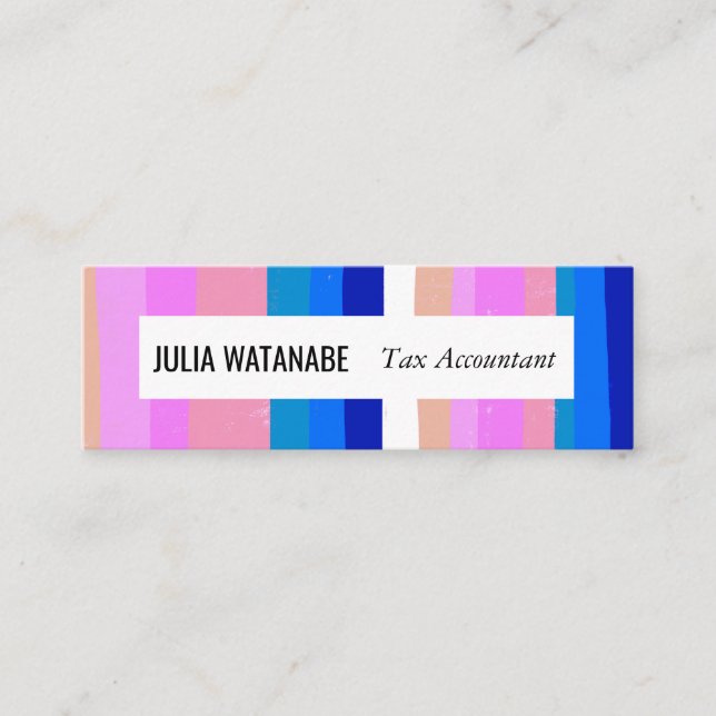 Colourful Blue Pink Minimalist Stripes Handmade Mini Business Card (Front)