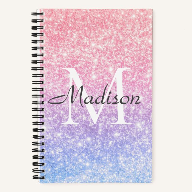 Colourful Blue Pink Ombre Glitter Name Monogram Notebook (Front)