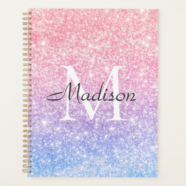 Colourful Blue Pink Ombre Glitter Name Monogram Planner (Front)