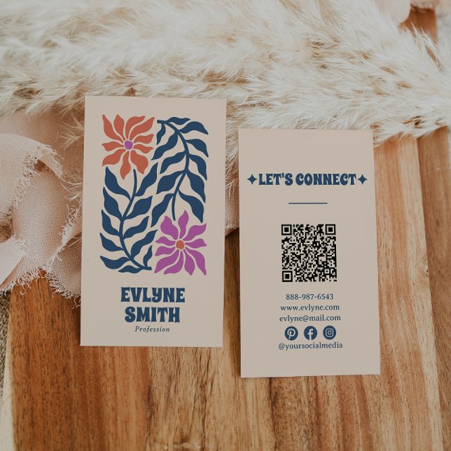 Colourful Blue Pink QR Code Groovy Floral Unique Business Card (Creator Uploaded)