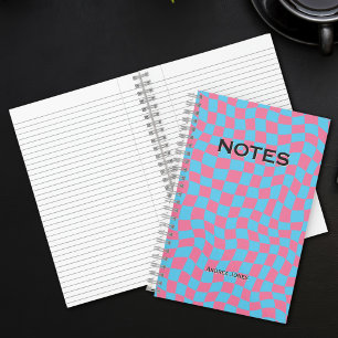 Colourful Blue Pink Wavy Check Monogram Name Notebook
