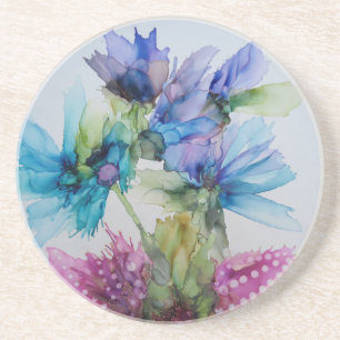 Colourful Blue Purple Pink Green Floral Art  Coaster