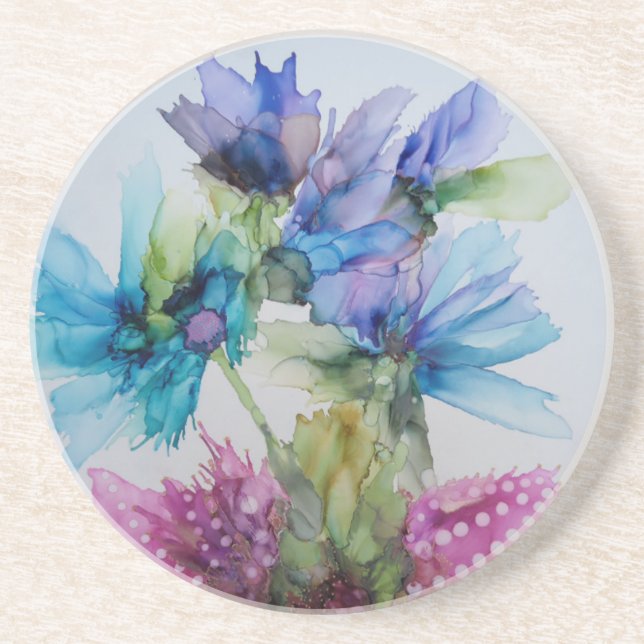 Colourful Blue Purple Pink Green Floral Art  Coaster (Front)