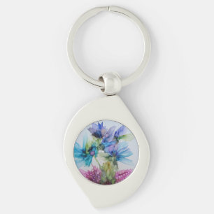 Colourful Blue Purple Pink Green Floral Art Key Ring