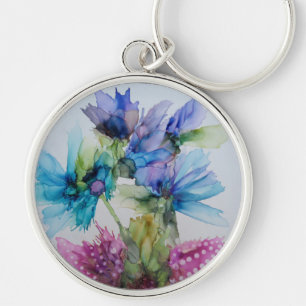 Colourful Blue Purple Pink Green Floral Art  Key Ring