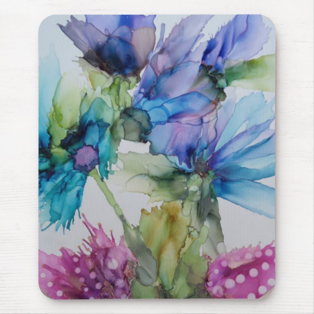 Colourful Blue Purple Pink Green Floral Art Mouse Mat (Front)