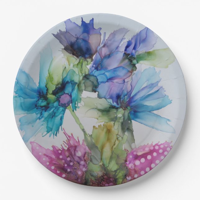 Colourful Blue Purple Pink Green Floral Art  Paper Plate (Front)