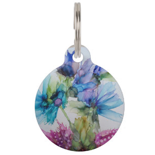 Colourful Blue Purple Pink Green Floral Art  Pet Tag