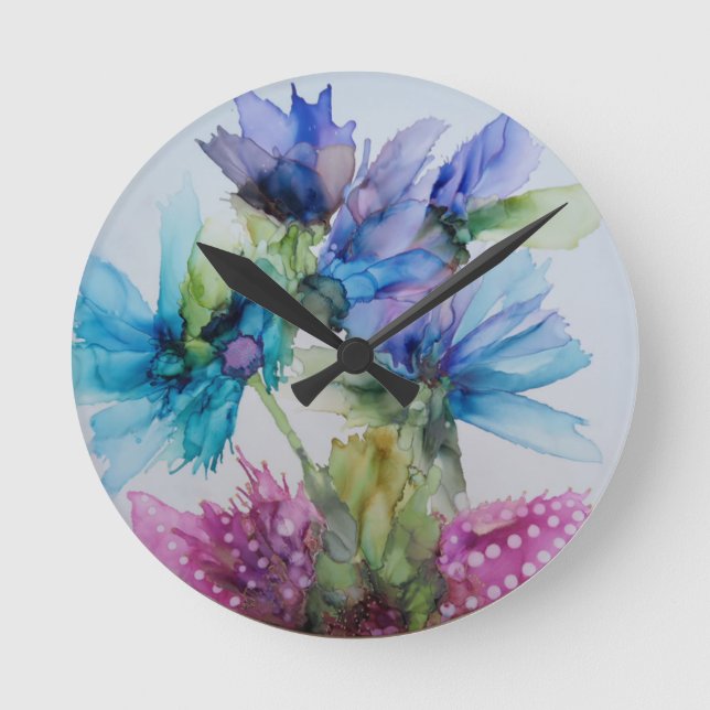 Colourful Blue Purple Pink Green Floral Art   Round Clock (Front)