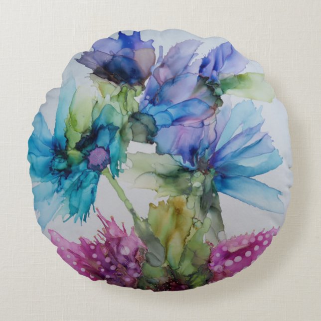 Colourful Blue Purple Pink Green Floral Art  Round Cushion (Front)