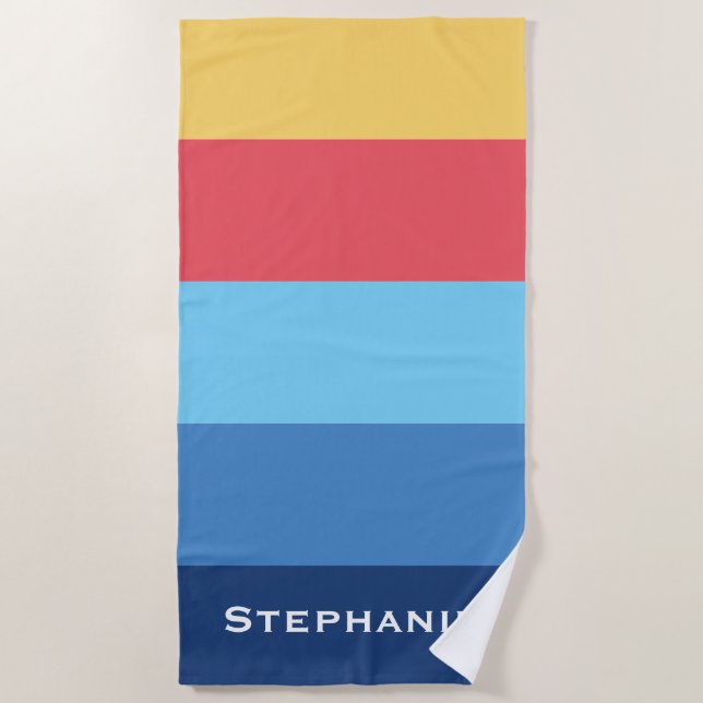 Colourful Blue Red Orange Abstract Stripes Name Beach Towel (Front)