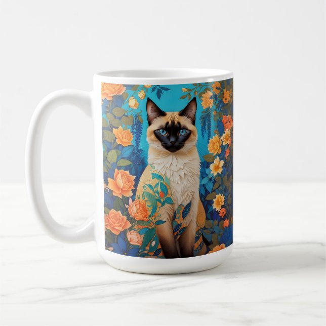 Colourful Blue Siamese Cat Botanical Garden Coffee Mug (Left)