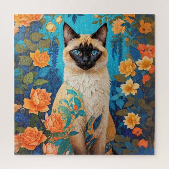Colourful Blue Siamese Cat Botanical Garden Jigsaw Puzzle (Vertical)