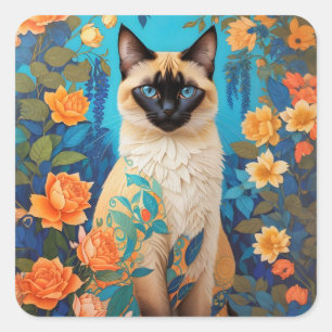 Colourful Blue Siamese Cat Botanical Garden Square Sticker