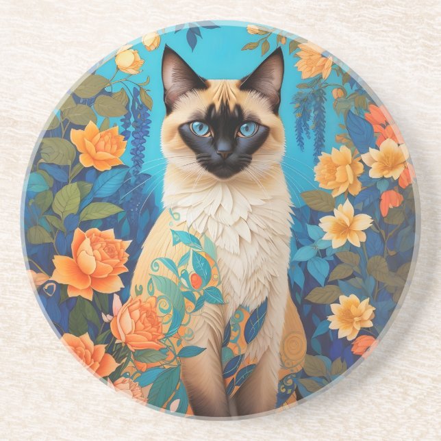 Colourful Blue Siamese Cat Floral Coaster (Front)