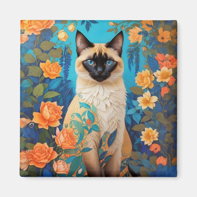 Colourful Blue Siamese Cat Floral Magnet (Front)