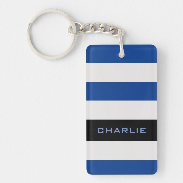 Colourful Blue Stripes with Custom Name Key Ring (Front)