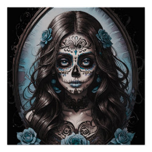 Colourful Blue Sugar Skull lady done in pink. Poster