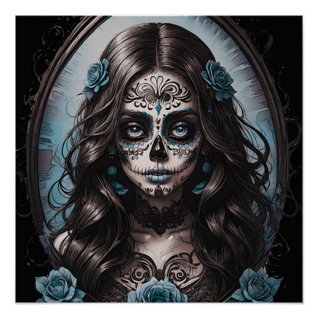 Colourful Blue Sugar Skull lady done in pink. Poster (Front)