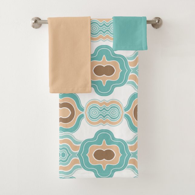 Colourful blue/tan/brown medallion bath towel set (Insitu)