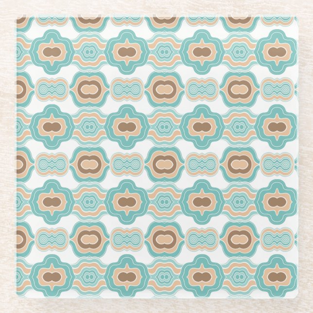 Colourful blue/tan/brown medallion glass coaster (Front)