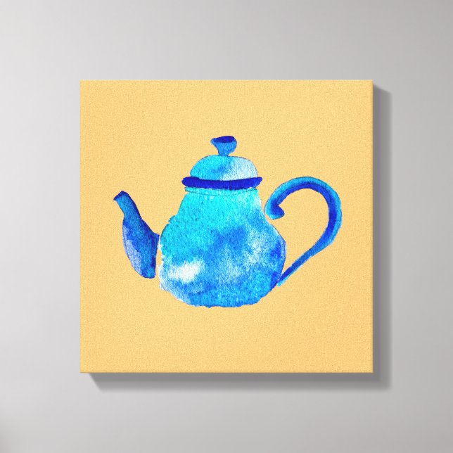 Colourful blue teapot watercolor canvas print (Front)