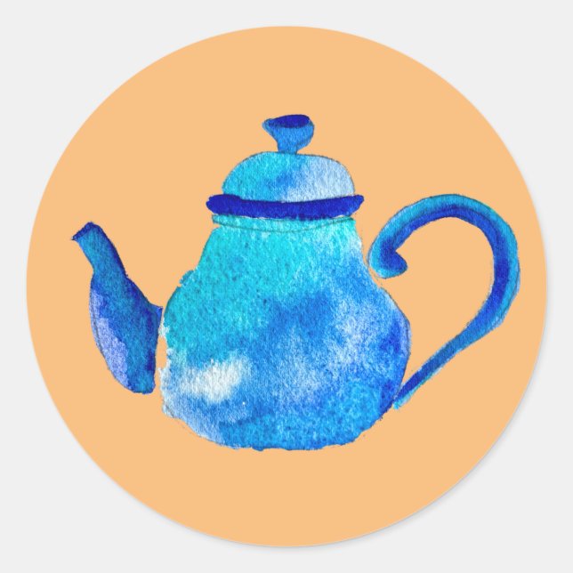 Colourful blue teapot watercolor classic round sticker (Front)