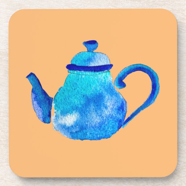 Colourful blue teapot watercolor coaster (Front)
