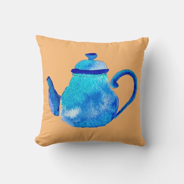 Colourful blue teapot watercolor cushion (Front)