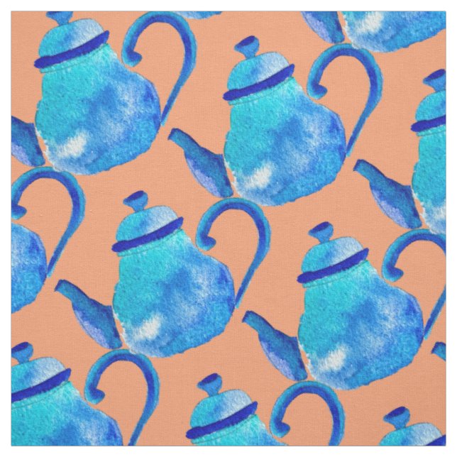 Colourful blue teapot watercolor fabric (Swatch)