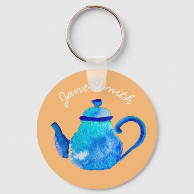 Colourful blue teapot watercolor key ring (Front)