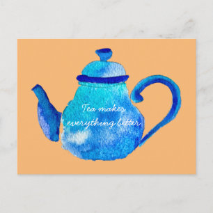 Colourful blue teapot watercolor postcard
