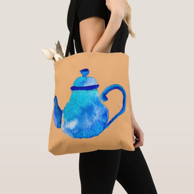 Colourful blue teapot watercolor tote bag (Close Up)