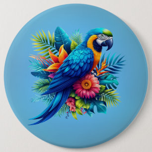 Colourful, blue tropical macaw  6 cm round badge