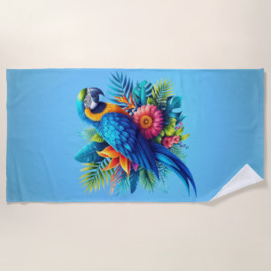 Colourful, blue tropical macaw beach towel