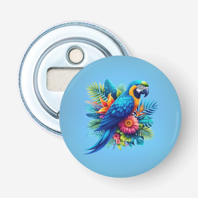 Colourful, blue tropical macaw  bottle opener (Front)