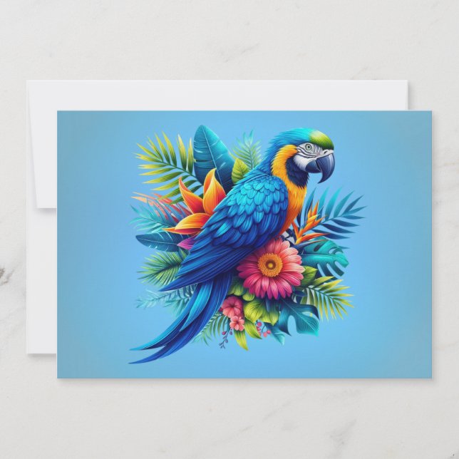 Colourful, blue tropical macaw  holiday card (Front)