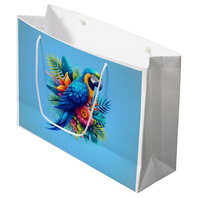 Colourful, blue tropical macaw  large gift bag (Front Angled)