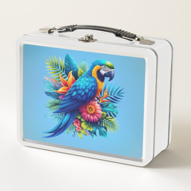 Colourful, blue tropical macaw  metal lunch box (Front)