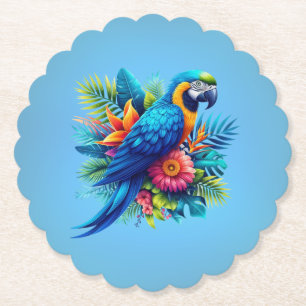 Colourful, blue tropical macaw paper coaster