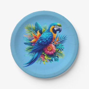 Colourful, blue tropical macaw  paper plate